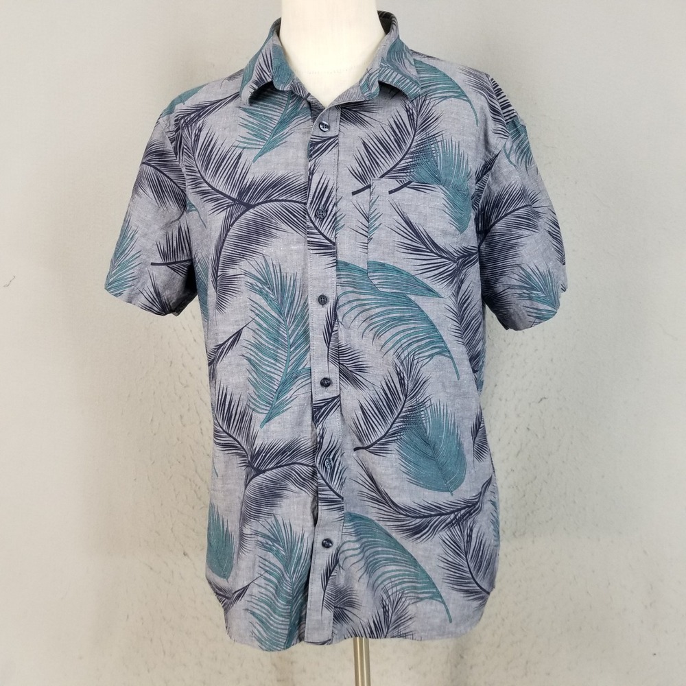TravisMathew‎ Button Down Mens XL Grey Palm Leaf Print Short Sleeve Casual Shirt